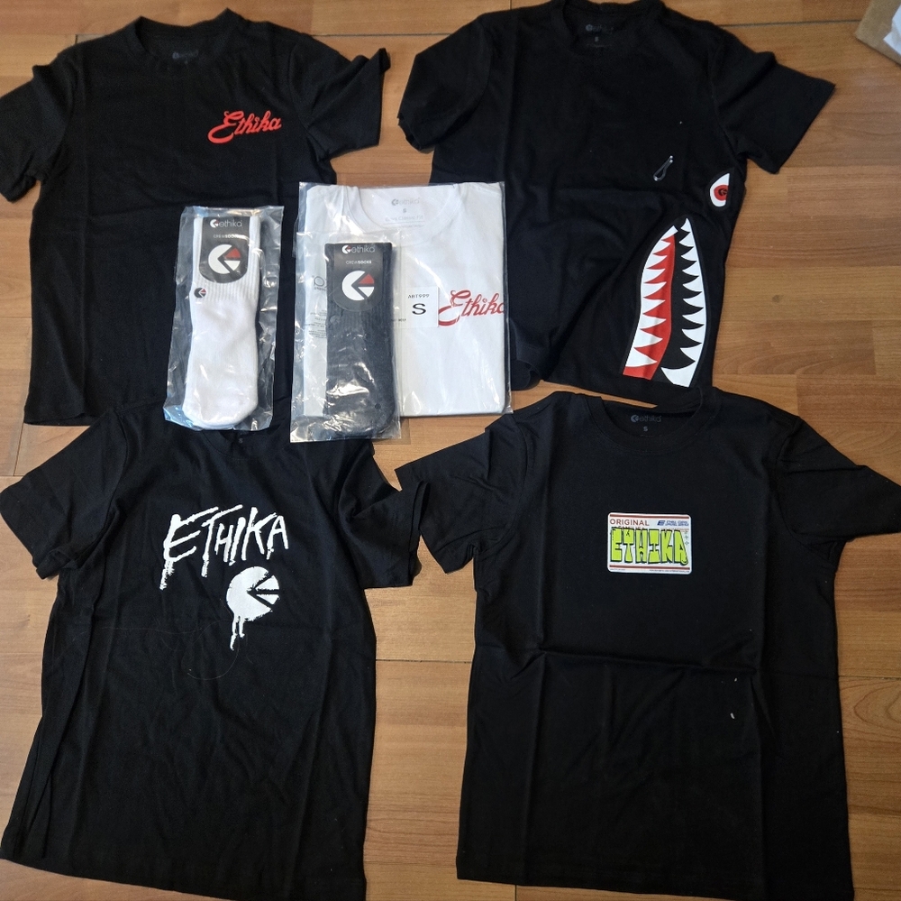 ethika Black Graphic Tee & Sock Set, Size Small with Red and White Accents
